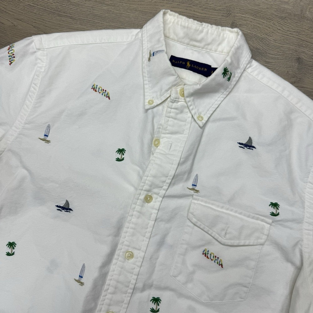 Ralph Lauren Aloha Sailboat AOP S/S Button Down Shirt Men's Sz L Beach Tropical